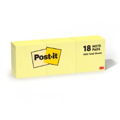 Post-it Notes, 3 in. x 3 in., Canary Yellow, 14 Pads/Pack with 4 Free Pads