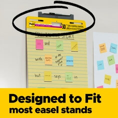 Post-it Super Sticky Easel Pad is designed to fit most easel stands. Image of easel pad on easel stand with a variety of Post-it Notes on it.