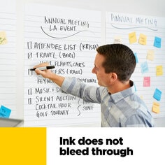 Ink does not bleed through, image of a man checking off a to-do list on Post-it Easel Pad note that is adhered to a wall.