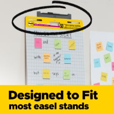 Post-it Super Sticky Easel Pad is designed to fit most easel stands. Image of easel pad on easel stand with a variety of Post-it Notes on it.