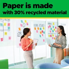 Post-it Super Sticky Recycled Notes, paper is made with 30% recycled maaterial. I mage of people brainstorming in an office setting using easel pads.