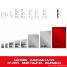 Scotch Thermal Laminator Pouches comparison chart.  Image of the wide range of pouch sizes.  The pouches are great for a variety of projects including letters, business cards, photos, certificates and drawings.