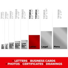 Scotch Thermal Laminator Pouches comparison chart.  Image of the wide range of pouch sizes.  The pouches are great for a variety of projects including letters, business cards, photos, certificates and drawings.