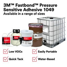 3M™ Fastbond™ Pressure Sensitive Adhesive 1049 is a fast-drying and water-based adhesive that helps deliver lower volatile organic compounds (VOCs) and uses solventless, nonflammable technology. Thanks to the innovative cylinder method, applications are fast, easy, and efficient because the operation is self-contained and portable. Engineered to form a strong bond, 3M™ Fastbond™ Pressure Sensitive Adhesive 1049 can replace stick pins, insulation fasteners, and stud welding pins to save time and increase productivity. The new applicator system features a disposable spray nozzle that elevates quality and value by delivering operational processing efficiency. Offering versatility, it can securely and permanently bond a range of lightweight industrial fabrics and fiberglass insulation materials to many types of substrates. The adhesive’s formula is easy to dispense and apply directly onto surfaces and allows for immediate repositioning without damage to the substrates,