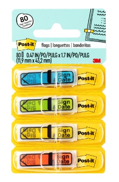 Post-it Message Flags, Sign and Date, Assorted Colors, .47 in. Wide, 20 per Dispenser,