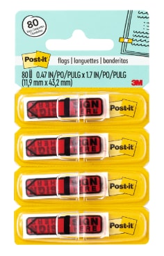 Post-it Message Flags, Sign Here, Red, 0.47 in. Wide, 20 per Dispenser, 4 Dispensers per Pack