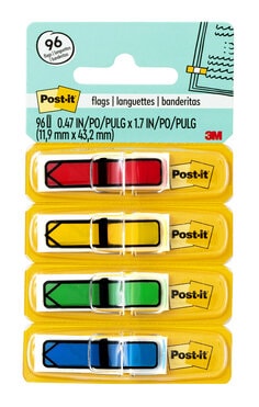 Post-it Arrow Flags, Assorted Primary Colors, .47 in. Wide, 24 per Dispenser, 4 Dispensers per Pack