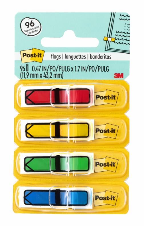 Post-it Arrow Flags, Assorted Primary Colors, .47 in. Wide, 24 per Dispenser, 4 Dispensers per Pack