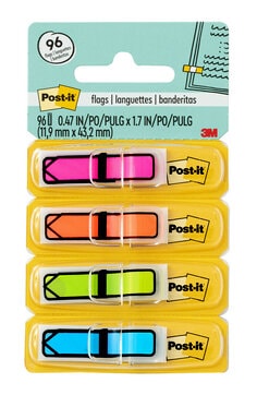 Post-it Arrow Flags, Assorted Bright Colors, .47 in. Wide, 24 per Dispenser, 4 Dispensers per Pack