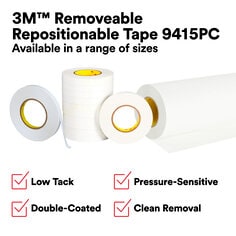 3M™ Removable Repositionable Tape 9415PC is a double-coated tape that works on a variety of substrates or materials for the temporary mounting of lightweight materials, such as paper, plastics, films, or foams. This low-tack adhesive allows removal from many papers, foils, and films, and its resilient polyester carrier improves the handling and strength of the tape, provides dimensional stability, helps deliver efficient processing of parts, and promotes consistent ease of liner removal. This tape is ideal for a wide range of applications, including core starting/end tabbing, holding credit cards in mailers, closing envelopes, and more. This tape also utilizes 3M™ Adhesive 400 on the face side, which provides an excellent balance of good initial adhesion and good shear-holding power across a range of temperatures, as well as 3M™ Adhesive 1000 on the liner side, a low-tack, repositionable, acrylic.