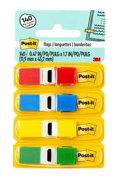 Post-it Flags, Assorted Primary Colors, .47 in. Wide, 35 per Dispenser, 4 Dispensers per Pack