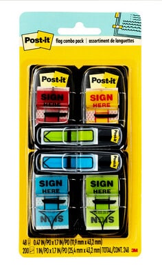 Post-it Message Flags Value Pack, Sign Here, Assorted Colors, 1 in. Wide, 50 per Dispenser, 4 per Packk plus FREE 48 Arrow Flags