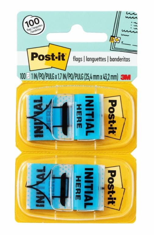 Post-it Message Flags, "Initial Here", Blue, 1 in. Wide, 50 per Dispenser, 2 Dispensers per Pack