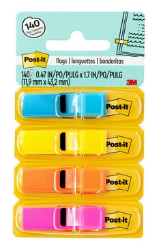 Post-it Highlighting Flags, Assorted Bright Colors, .47 in. Wide, 35 per Dispenser, 4 Dispensers per Pack