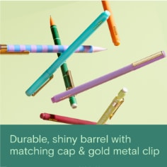 Durable, shiny barrel with matching cap & gold metal clip, image of a variety of felt tip pens.