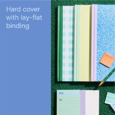 Hard cover with lay-flat binding, image a three lined notebooks in green and white checked pattern, yellow and another in speckled blue.