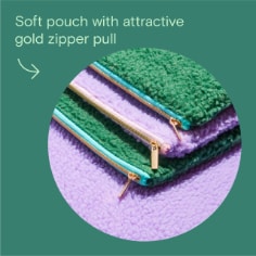 Soft pouch with attractive gold zipper pull.  Image of two green laptop pouches and one purple laptop pouch.