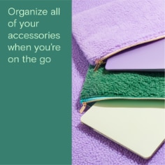 Organize all of your accessories when you're on the go, image of a purple and a green laptop pouch.