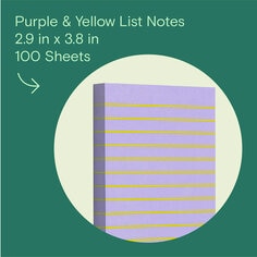 Noted by Post-it Purple & Yellow List Notes, 2.9 in x 3.8 in, 100 Sheets.