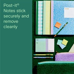 Post-it Notes stick securely and remove cleanly.  Image of a variety of post-it notes.