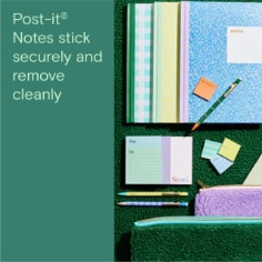 Post-it Notes stick securely and remove cleanly.  Image of a variety of post-it notes.