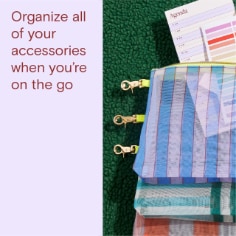 Organize all of your accessories when you're on the go, image of three pen pouches and a variety of post-it notes