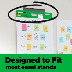 Post-it Super Sticky Easel Pad is designed to fit most easel stands. Image of easel pad on easel stand with a variety of Post-it Notes on it.