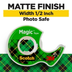 Scotch Magic Tape, Matte Finish, Width 1/2 Inch, Photo Safe. Image of tape dispenser on top of green and black plaid banner.