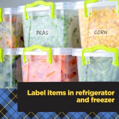 Scotch-Wall Safe Tape helps label items in refridgerator and freezer.  Image of storage containers of peas, corn, carrots, labled with Scotch Wall Safe Tape in refridgerator.