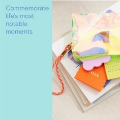 Commemorate life's most noteable moments, image of a variety of Noted by Post-it notes and pencil pouch.