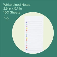 White Lined Notes, 2.9 in x 5.7 in, 100 sheets, image of Noted by Post-it White Lined Notes with multi-color dots on beginning of each line.