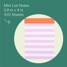 Mini List Notes, 2.9 in x 4 in, 100 Sheets, image of Noted by Post-it Mini List Lined Notes in Purple, White and Orange.