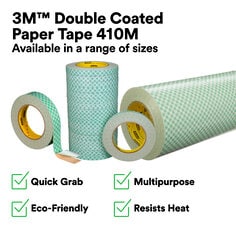 3M™ Double Coated Paper Tape 410M is a quick-grab double-coated tape with a strong rubber adhesive that offers a dependable hold for temporary attachments and project stabilization. Adhering to a variety of substrates, it can be used for splicing and core starting of papers, foils, films, and fabrics and it will tolerate elevated temperature environments — withstanding long-term use at a temperature up to 150 °F (66 °C) with short-term use up to 180 °F (82 °C). The adhesive is coated on a paper carrier designed to increase strength and help with removability for construction, fabrication, arts and crafts, and many more applications, including die-cutting and automated dispensing. Additionally, 3M™ Double Coated Paper Tape 410M is a reliable solution for mounting rubber or photopolymer printing plates to print cylinders and attaching golf club grips.