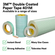 3M™ Double Coated Paper Tape 401M tape is a robust double-coated tape made with a strong rubber adhesive that offers a dependable hold for temporary attachments and project stabilization. Offering a total thickness of 9 mils without the liner, it holds securely for splicing and core starting of papers, foils, films, and fabrics and will tolerate elevated temperature environments — withstanding long-term use at a temperature up to 150 °F (66 °C) with short-term use up to 180 °F (82 °C). The adhesive is coated on a paper carrier designed to increase strength and help with removability for construction, fabrication, arts and crafts, and many more applications. Additionally, 3M™ Double Coated Paper Tape 401M serves as a reliable solution for mounting rubber or photopolymer printing plates to print cylinders and attaching golf club grips.