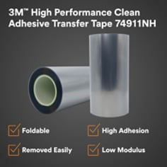 3M™ High Performance Clean Adhesive Transfer Tape 74911NH. Foldable. High Adhesion. Removed Easily. Low Modulus.