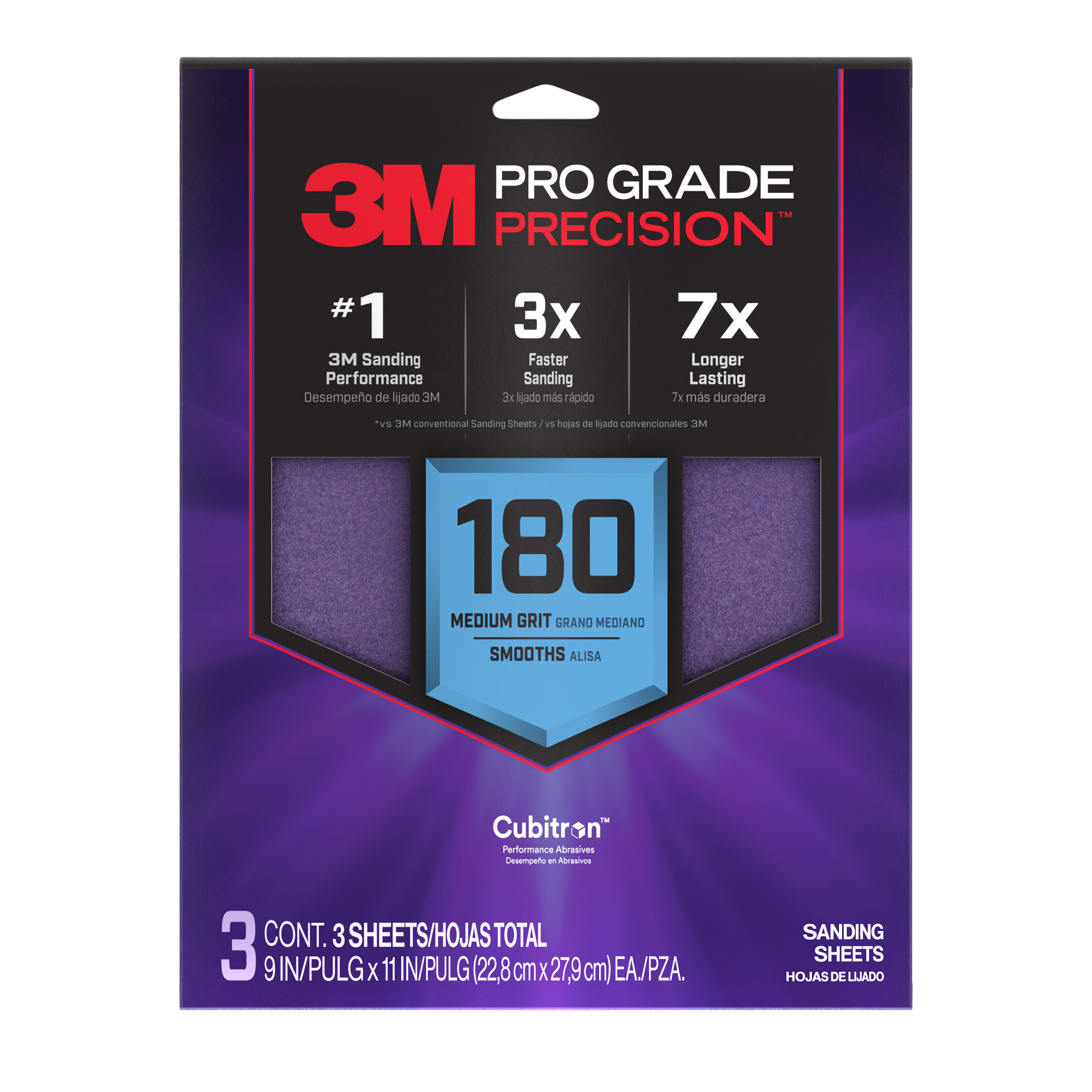 3M™ Pro Grade Precision™ Faster Sanding Sheets w/ NO-SLIP GRIP™ Backing SHR400-PGP-10T, 9 in x 11 in, 400 Gr, 10 Sht/Pk