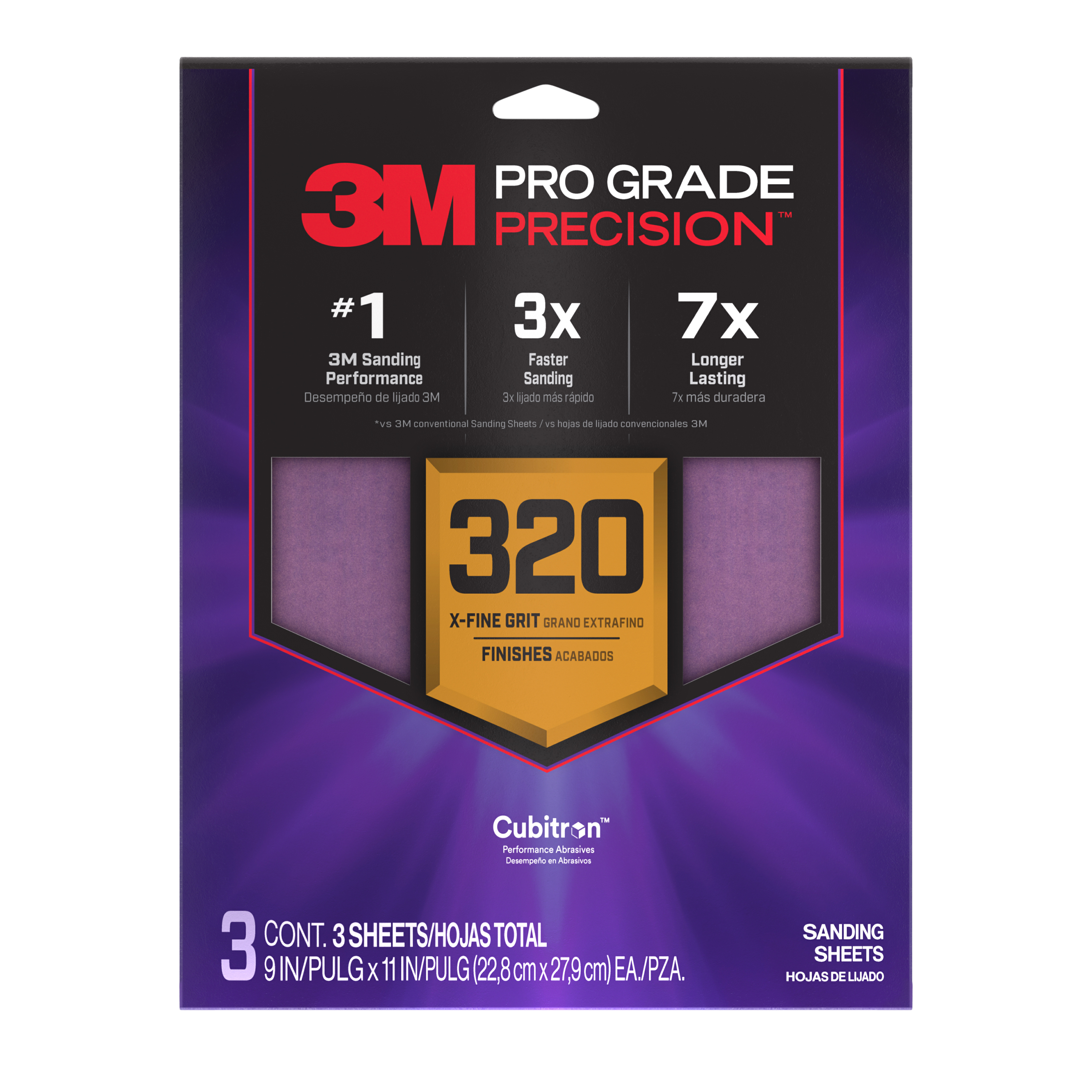 3M™ Pro Grade Precision™ Faster Sanding Sheets w/ NO-SLIP GRIP™ Backing SHR220-PGP-10T, 9 in x 11 in, 220 Gr, 10 Sht/Pk