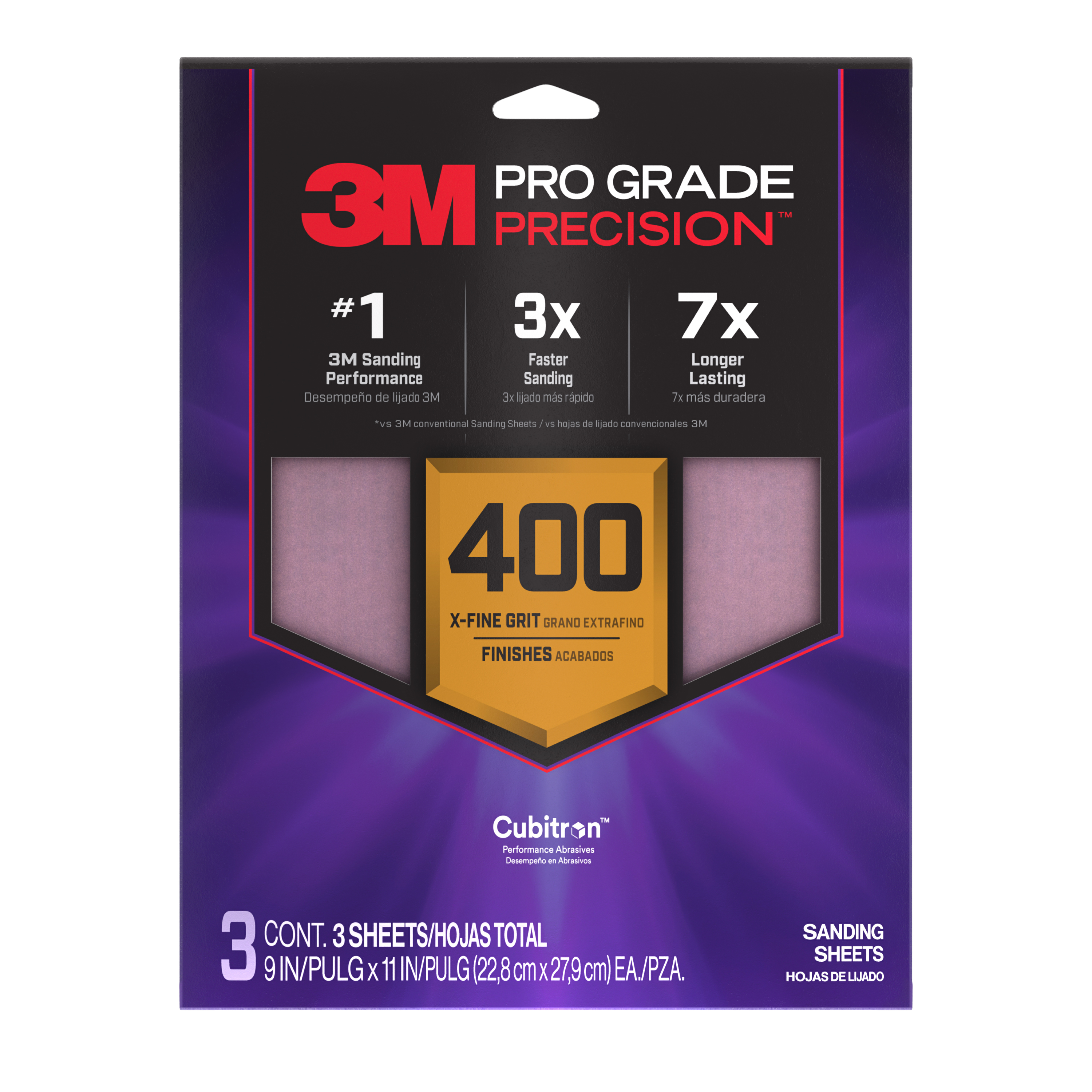 3M™ Pro Grade Precision™ Faster Sanding Sheets w/ NO-SLIP GRIP™ Backing SHR180-PGP-3T, 9 in x 11 in, 180 Gr, 3 Sht/pk