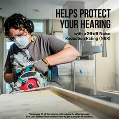 Bplus image featuring image of worktunes Connect hearing protection women using saw hearing protection