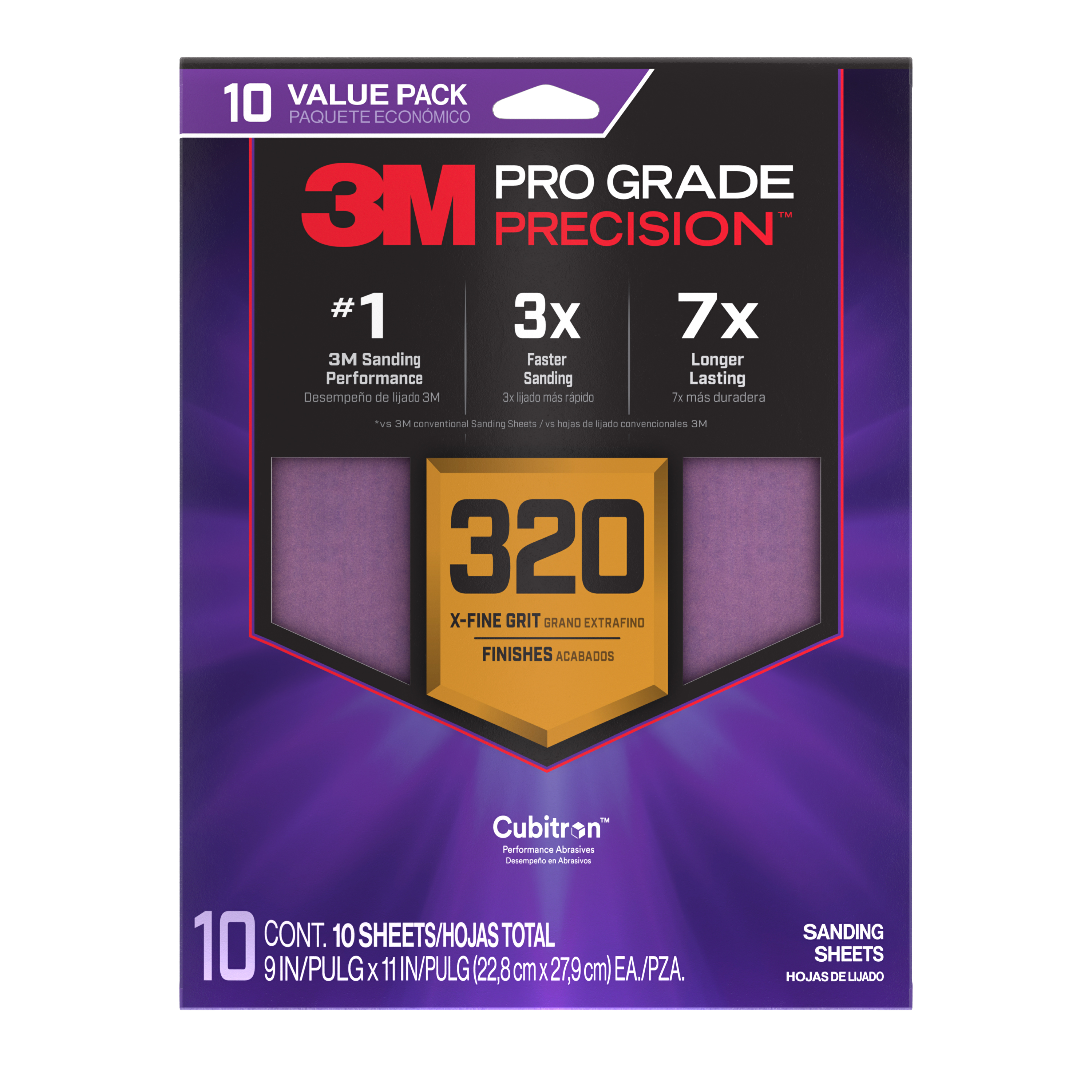 3M™ Pro Grade Precision™ Faster Sanding Sheets w/ NO-SLIP GRIP™ Backing SHR400-PGP-3T, 9 in x 11 in, 400 Gr, 3 Sht/Pk