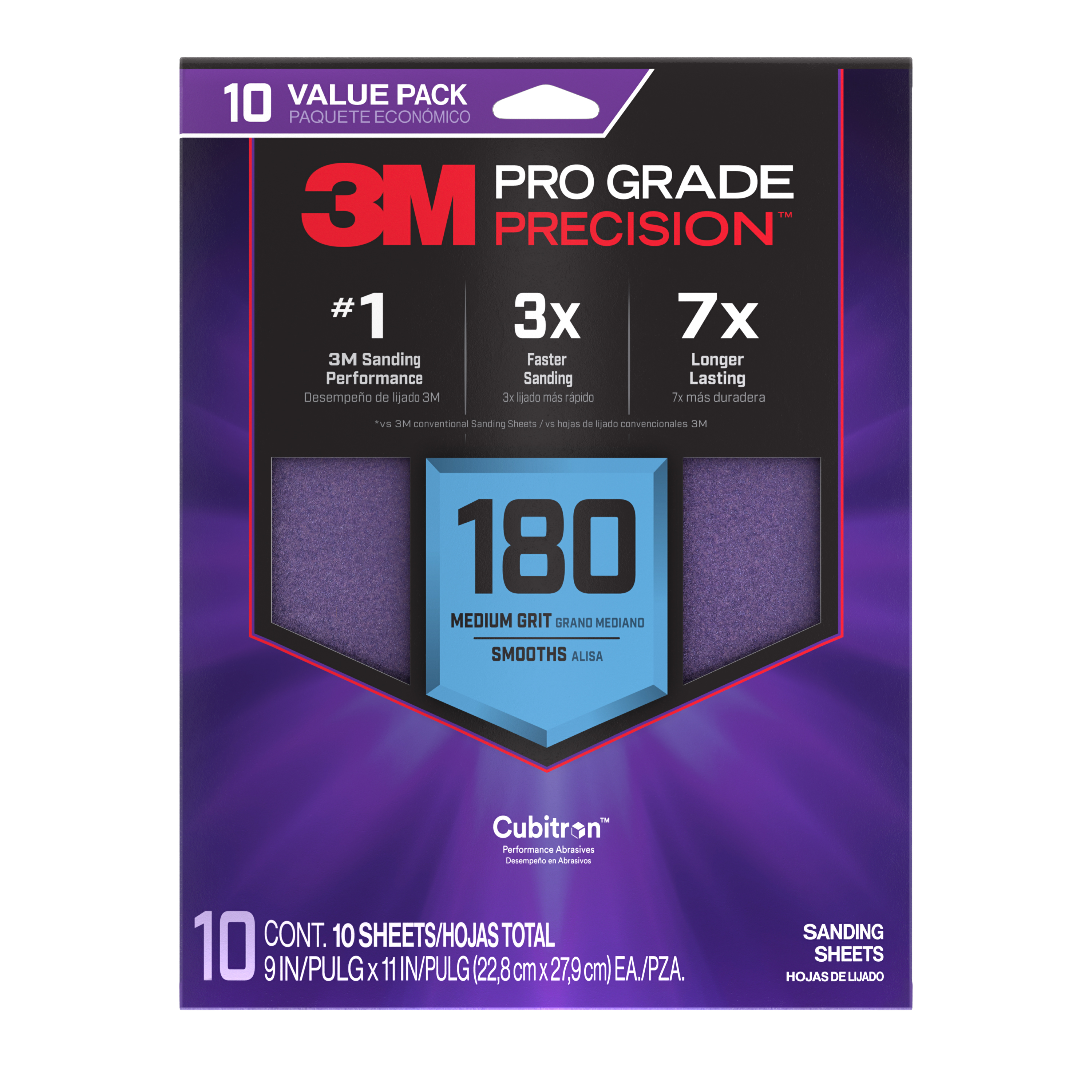 3M™ Pro Grade Precision™ Faster Sanding Sheets w/ NO-SLIP GRIP™ Backing SHR220-PGP-3T, 9 in x 11 in, 220 Gr, 3 St/Pk