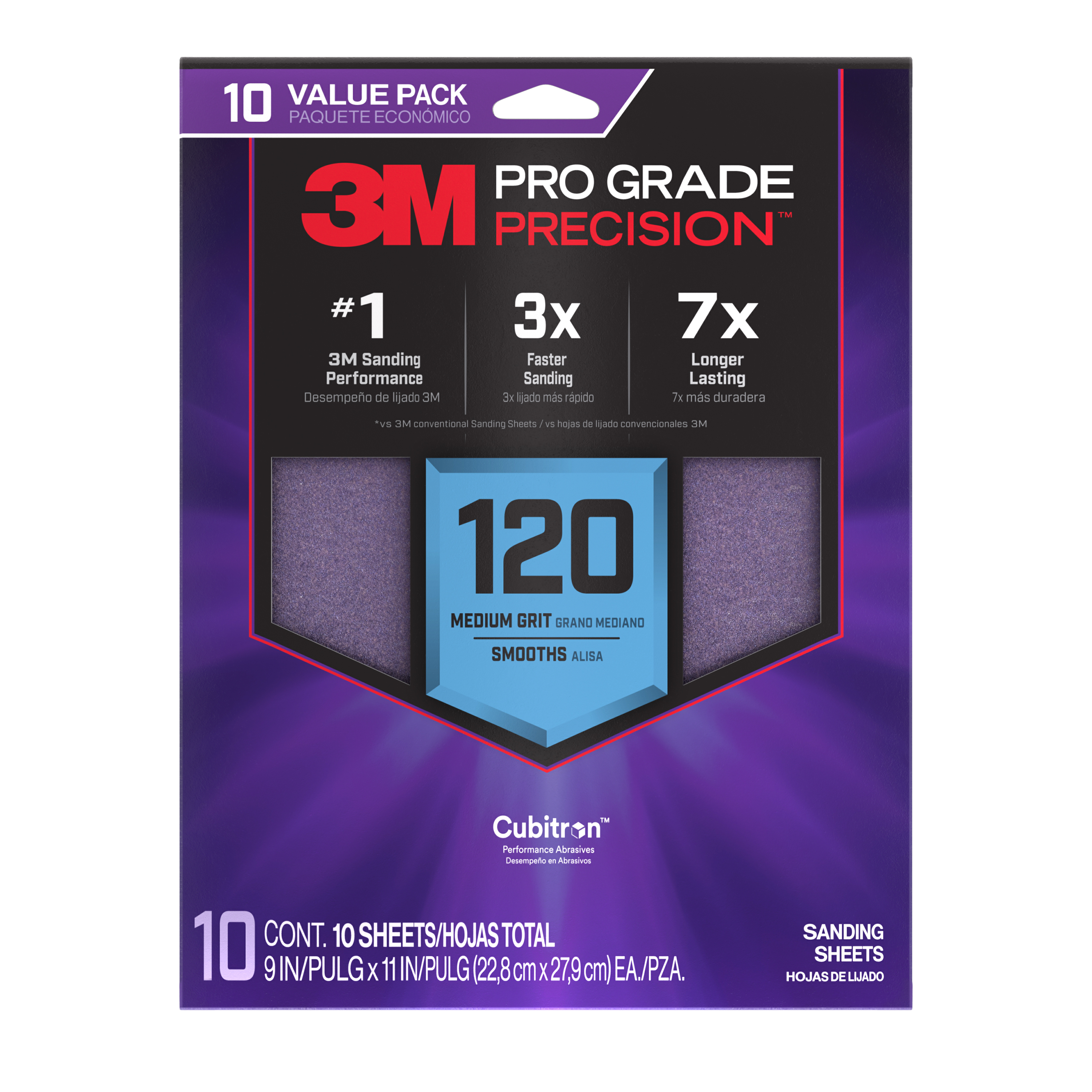 3M™ Pro Grade Precision™ Faster Sanding Sheets w/ NO-SLIP GRIP™ Backing SHR80-PGP-10T, 9 in x 11 in, 80 Gr, 10 Sht/Pk