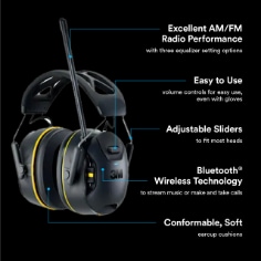 Bplus image featuring image of worktunes connect AM/FM hearing protection and benefits. Commerce Asset