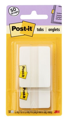 Post-it® Durable Tabs 686F-50WH, 2 in. x 1.5 in. (50,8 mm x 38 mm) White 24pk/cs