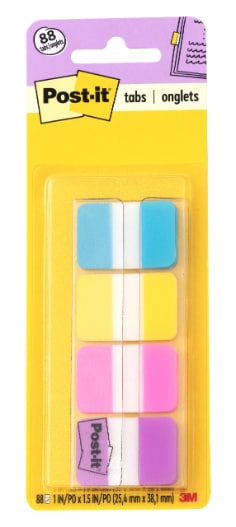 Post-it® Tabs, 1 in. Solid, Aqua, Yellow, Pink, Violet, 22/Color, 88/Dispenser