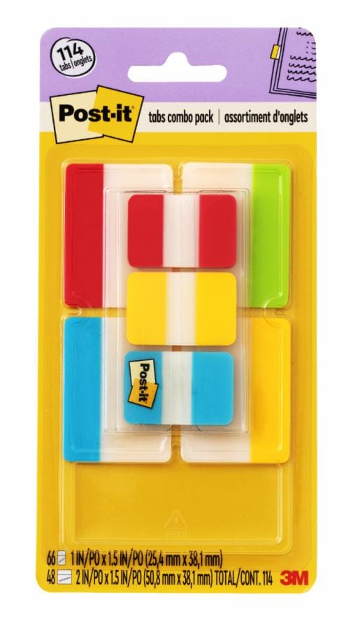 Post-it® Tabs Value Pack, Assorted Primary Colors, 1 in. and 2 in. Sizes, 114 Tabs/Pack