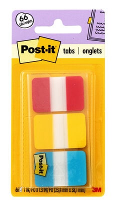 Post-it® Durable Tabs 686-RYB, 1 in. x 1.5 in. Red, Canary Yellow, Blue