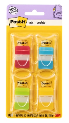 Post-it® Tabs 686-RALY, 1 in. x 1.5 in. (25,4 mm x 38,1 mm), Solid, Asst Colors, 25/Color, 25/Dispenser, 4 Dispenser/Pack