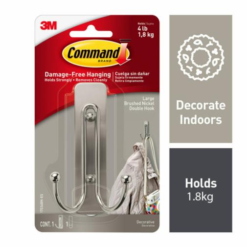 Command Large Brushed Nickel Double Hook Weight Capacity in KG