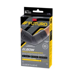 Elbow Premium Compression Sleeve Package Render, Right Side. Provides compression to help relieve the muscle and joint stiffness, soreness and swelling. 1 elbow sleeve. Size Large/Extra Large. JPG File. Cat 49007, 7100340548.